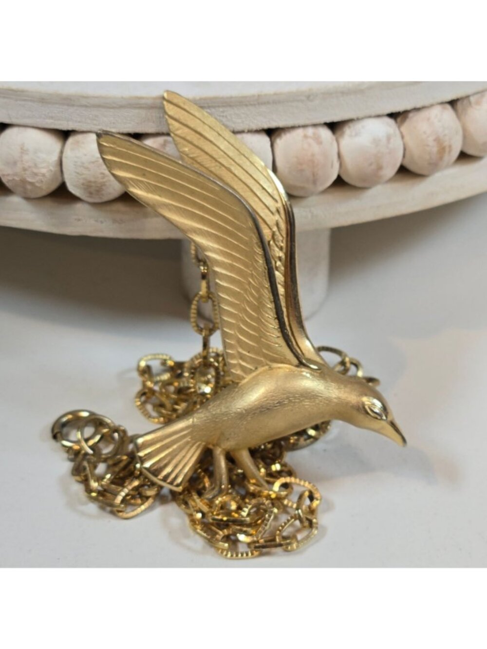 Vintage Giovanni Brushed Gold-Tone Seagull Pendant Necklace Textured Long Chain - Picture 14 of 14
